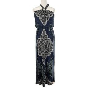 White House Black Market XS Maxi Dress Halter Blouson Black Blue White Washable